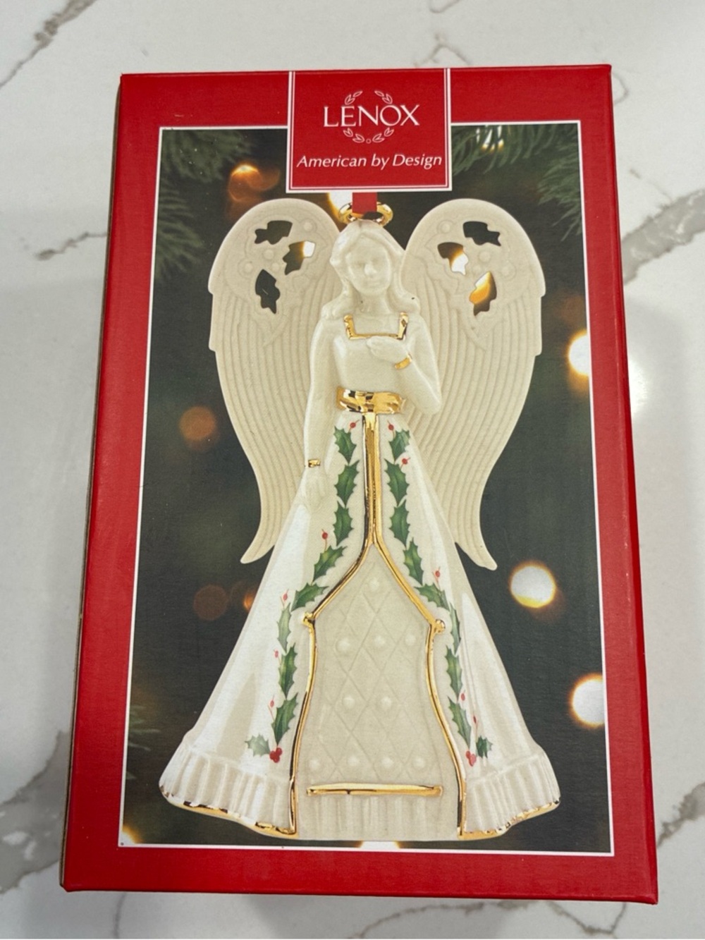 Lenox White, Gold and Green Holly Angel Ornament